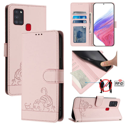 Samsung Galaxy A21s Cat and Rat Embossed Pattern, RFID Leather Phone Case with Lanyard, Kickstand, and Wallet Features