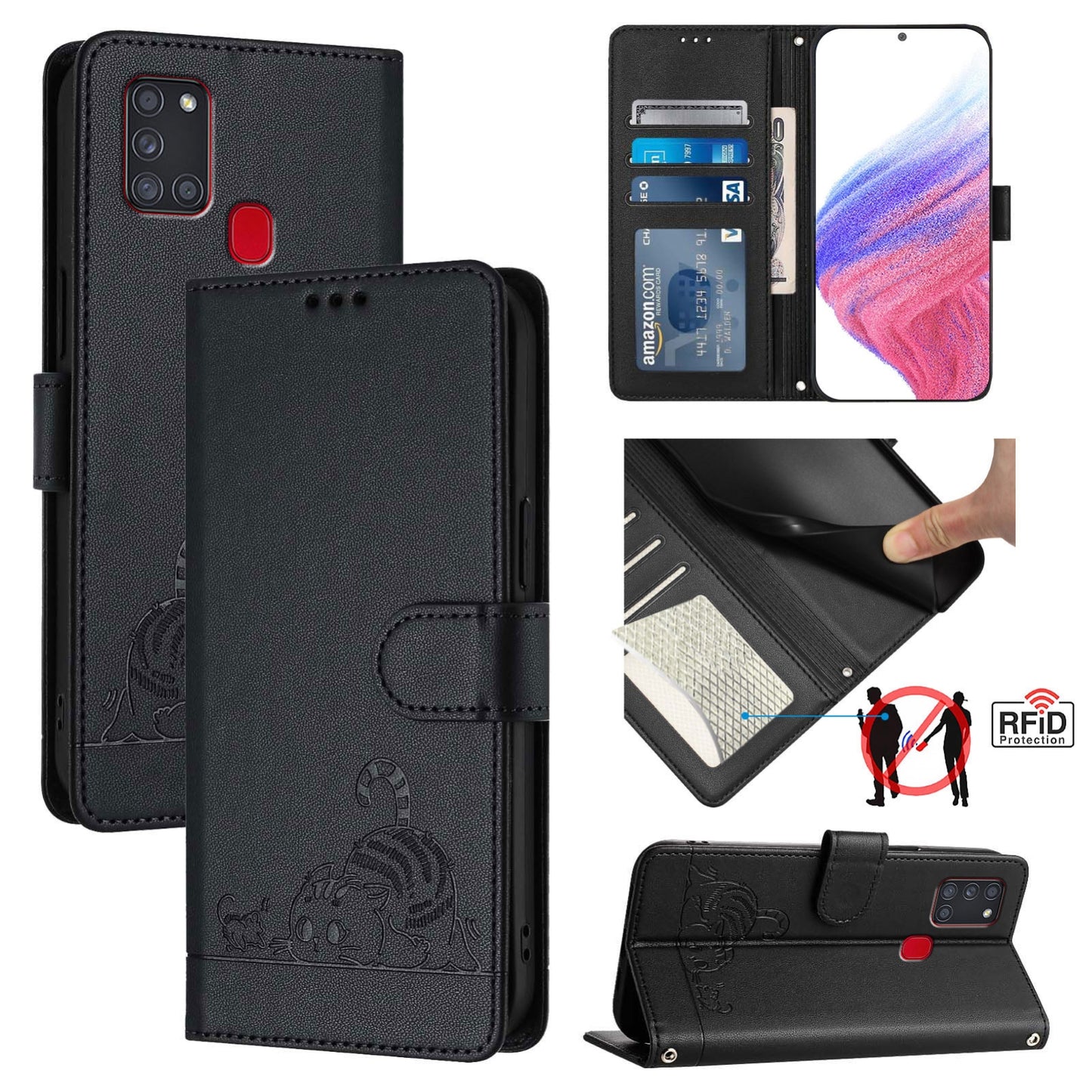 Samsung Galaxy A21s Cat and Rat Embossed Pattern, RFID Leather Phone Case with Lanyard, Kickstand, and Wallet Features