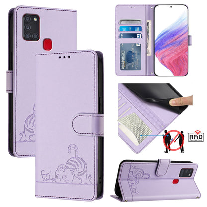 Samsung Galaxy A21s Cat and Rat Embossed Pattern, RFID Leather Phone Case with Lanyard, Kickstand, and Wallet Features