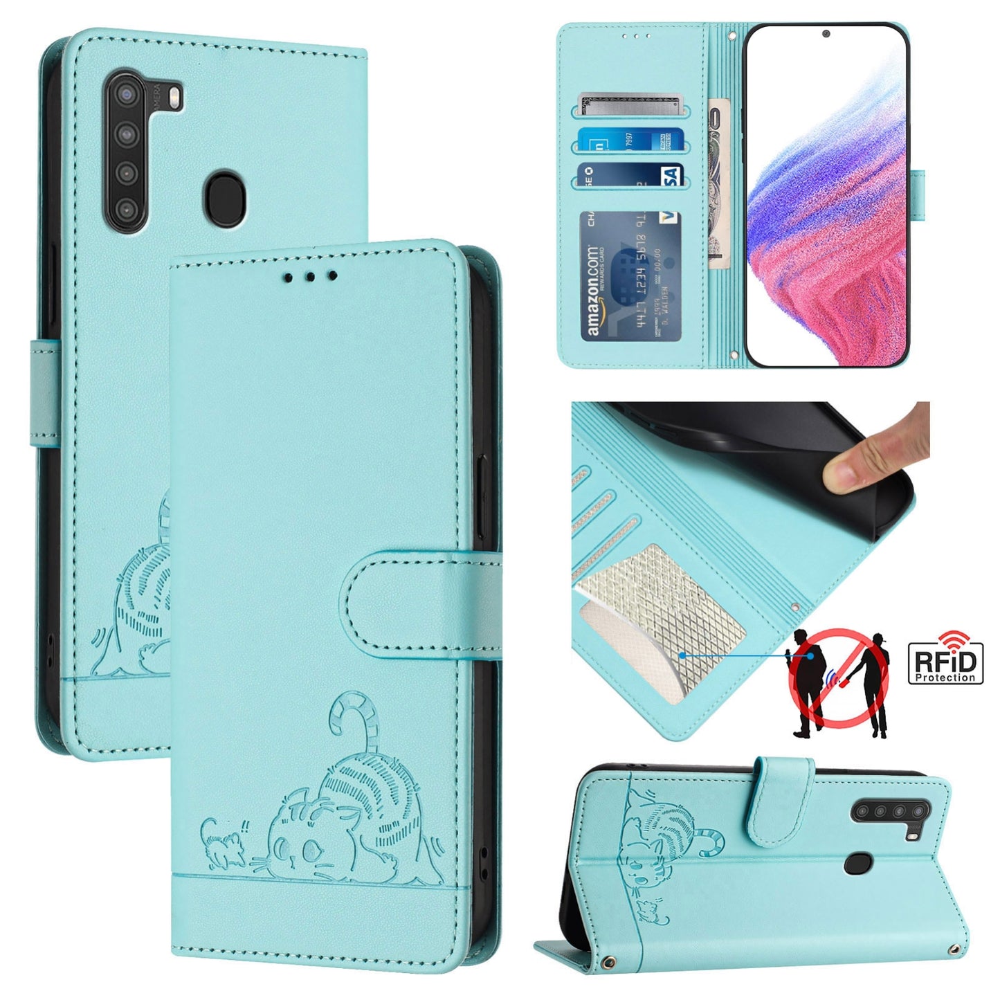 Samsung Galaxy A21 EU Version Cat and Rat Embossed Pattern, RFID Leather Phone Case with Lanyard, Kickstand, and Wallet Features