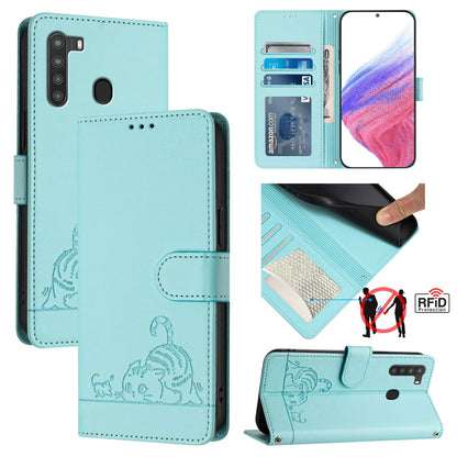 Samsung Galaxy A21 EU Version Cat and Rat Embossed Pattern, RFID Leather Phone Case with Lanyard, Kickstand, and Wallet Features