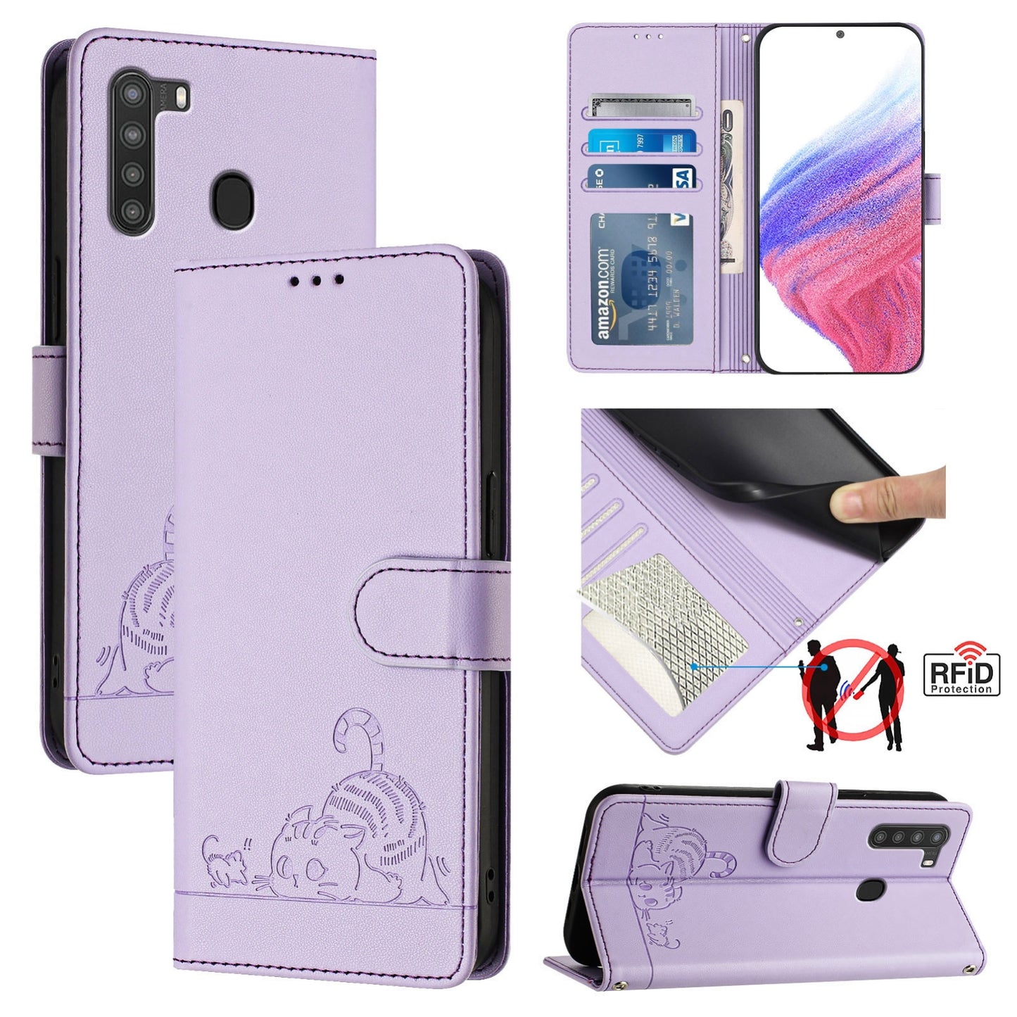 Samsung Galaxy A21 EU Version Cat and Rat Embossed Pattern, RFID Leather Phone Case with Lanyard, Kickstand, and Wallet Features