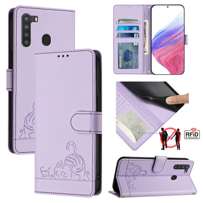 Samsung Galaxy A21 EU Version Cat and Rat Embossed Pattern, RFID Leather Phone Case with Lanyard, Kickstand, and Wallet Features