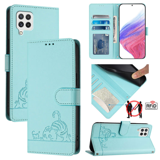 Samsung Galaxy A22 4G Cat and Rat Embossed Pattern, RFID Leather Phone Case with Lanyard, Kickstand, and Wallet Features