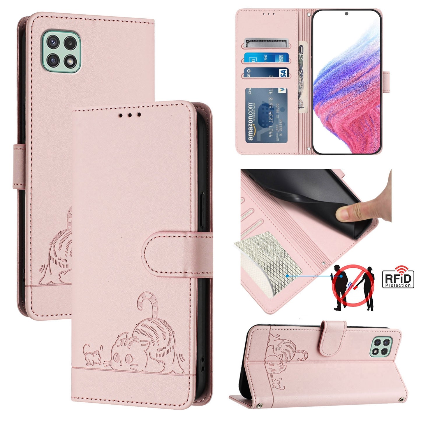 Samsung Galaxy F42 5G Cat and Rat Embossed Pattern, RFID Leather Phone Case with Lanyard, Kickstand, and Wallet Features