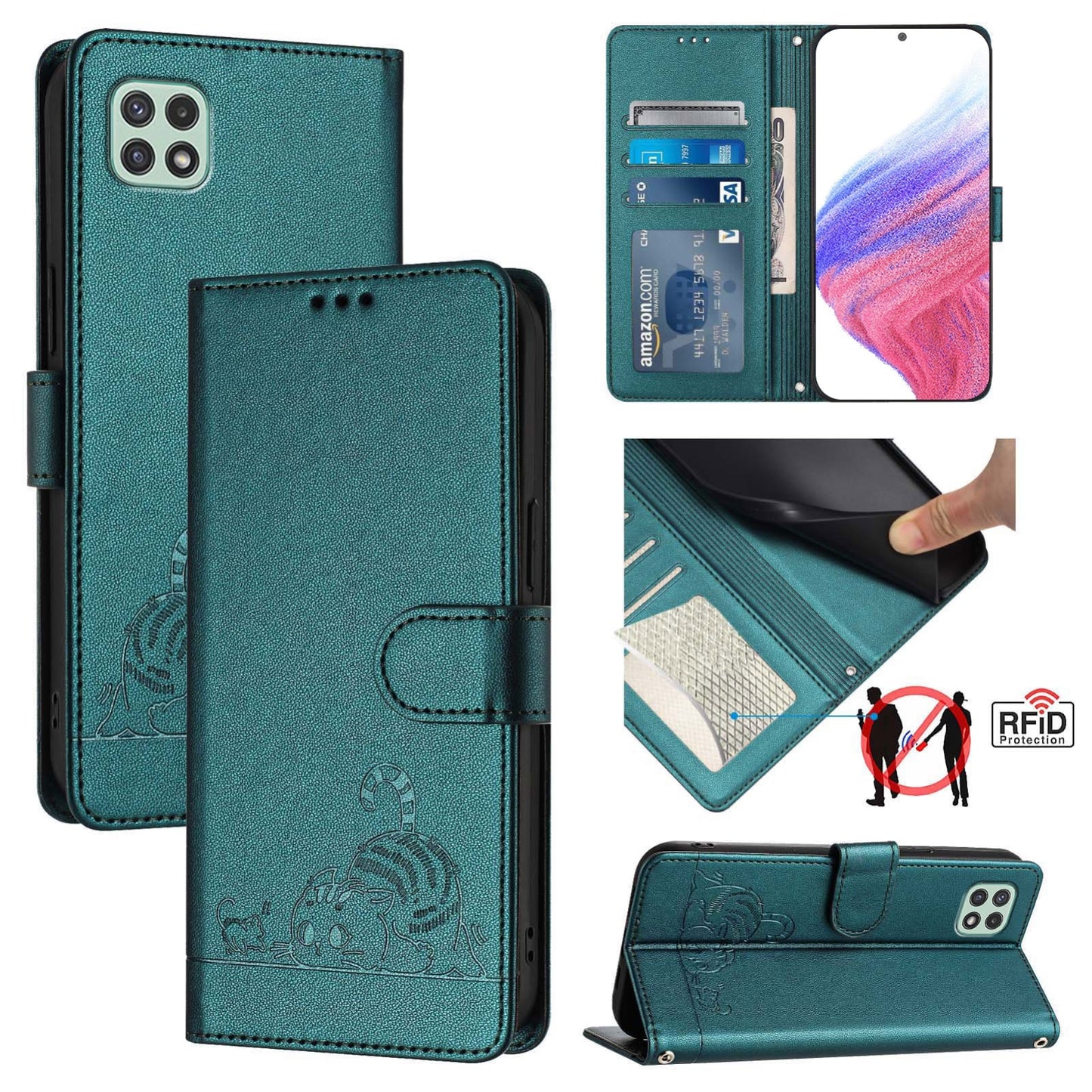 Samsung Galaxy F42 5G Cat and Rat Embossed Pattern, RFID Leather Phone Case with Lanyard, Kickstand, and Wallet Features