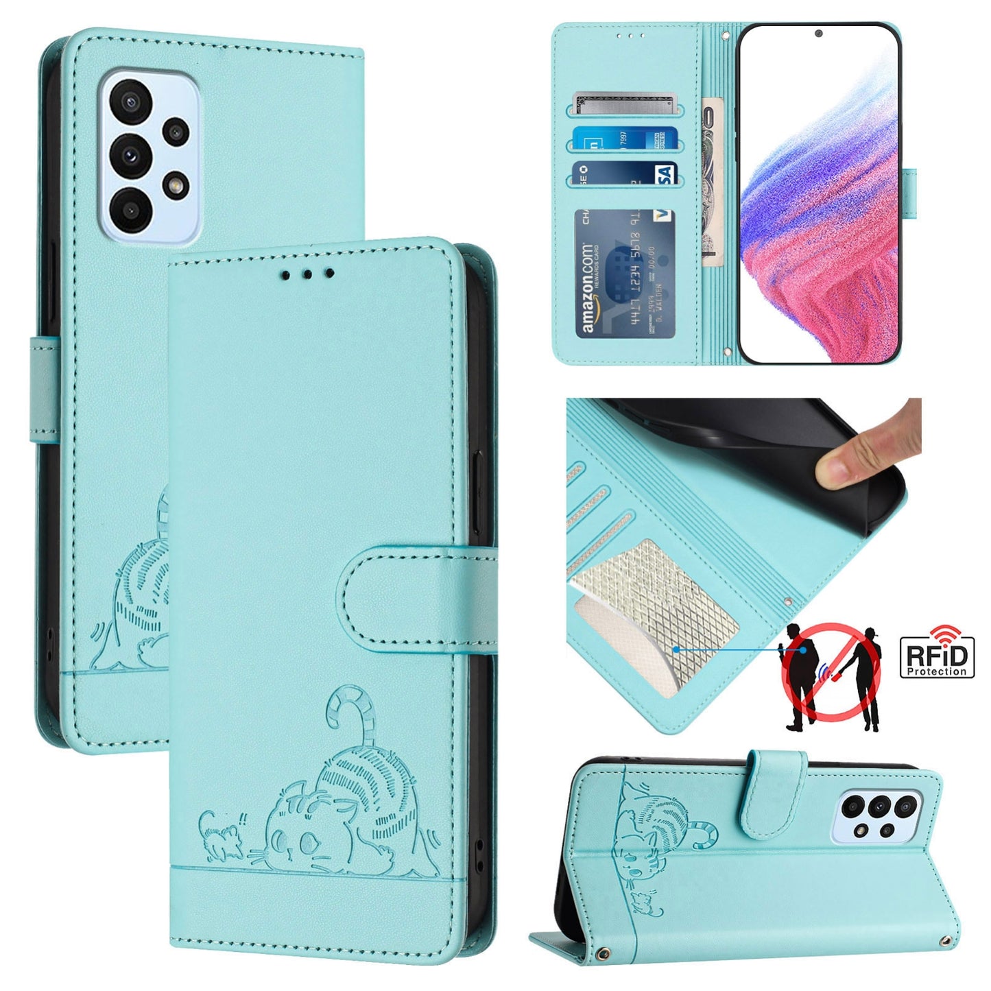 Samsung Galaxy M23 5G Cat and Rat Embossed Pattern, RFID Leather Phone Case with Lanyard, Kickstand, and Wallet Features