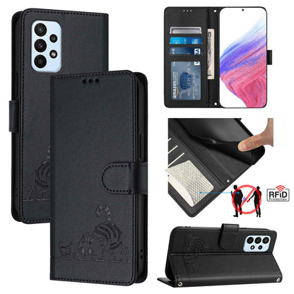 Samsung Galaxy M23 5G Cat and Rat Embossed Pattern, RFID Leather Phone Case with Lanyard, Kickstand, and Wallet Features