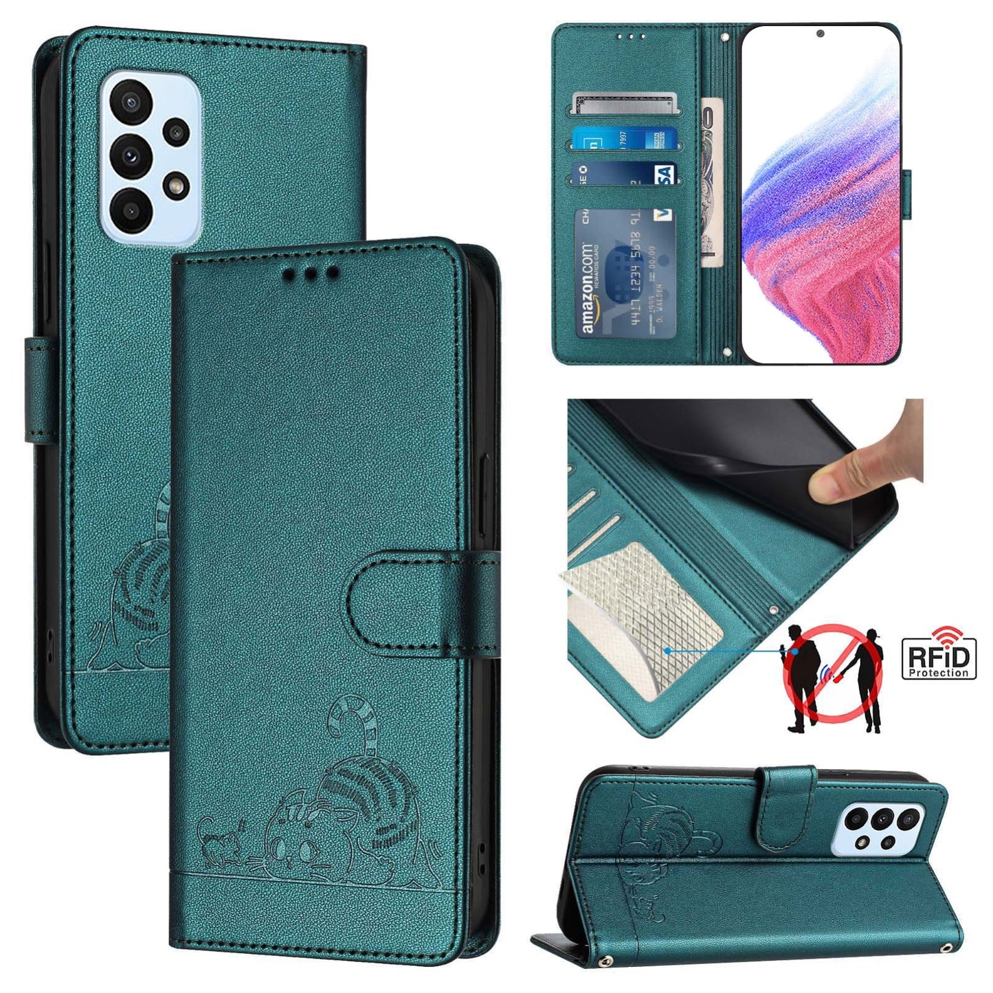 Samsung Galaxy M23 5G Cat and Rat Embossed Pattern, RFID Leather Phone Case with Lanyard, Kickstand, and Wallet Features