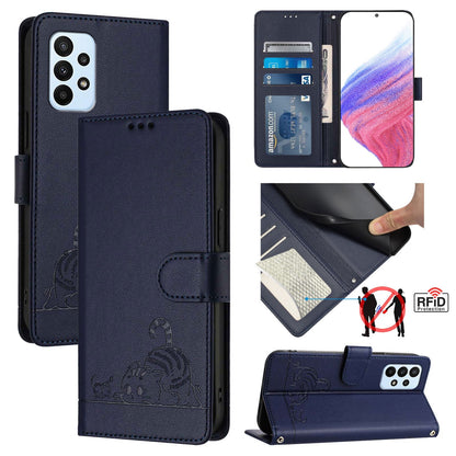 Samsung Galaxy M23 5G Cat and Rat Embossed Pattern, RFID Leather Phone Case with Lanyard, Kickstand, and Wallet Features