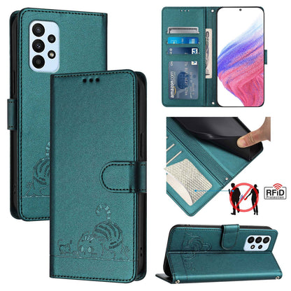 Samsung Galaxy M13 4G Cat and Rat Embossed Pattern, RFID Leather Phone Case with Lanyard, Kickstand, and Wallet Features