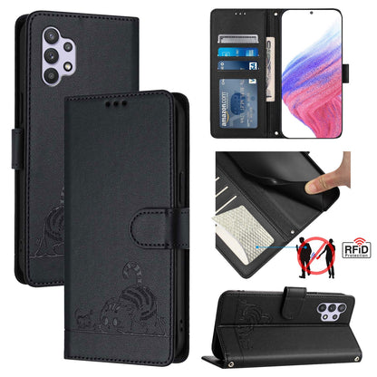 Samsung Galaxy M32 5G Cat and Rat Embossed Pattern, RFID Leather Phone Case with Lanyard, Kickstand, and Wallet Features