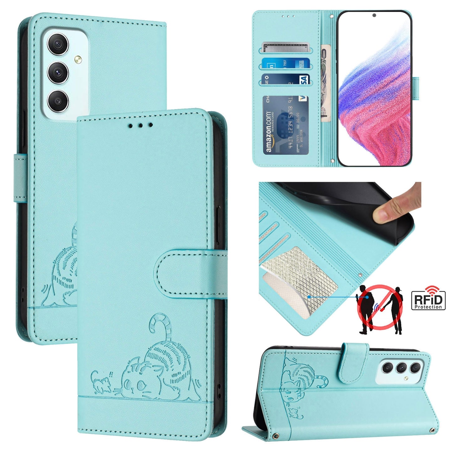 Samsung Galaxy A35 5G Cat and Rat Embossed Pattern, RFID Leather Phone Case with Lanyard, Kickstand, and Wallet Features