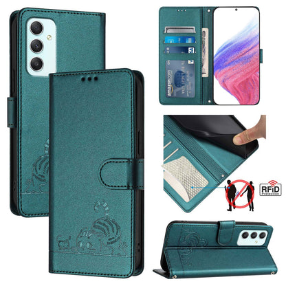 Samsung Galaxy A35 5G Cat and Rat Embossed Pattern, RFID Leather Phone Case with Lanyard, Kickstand, and Wallet Features