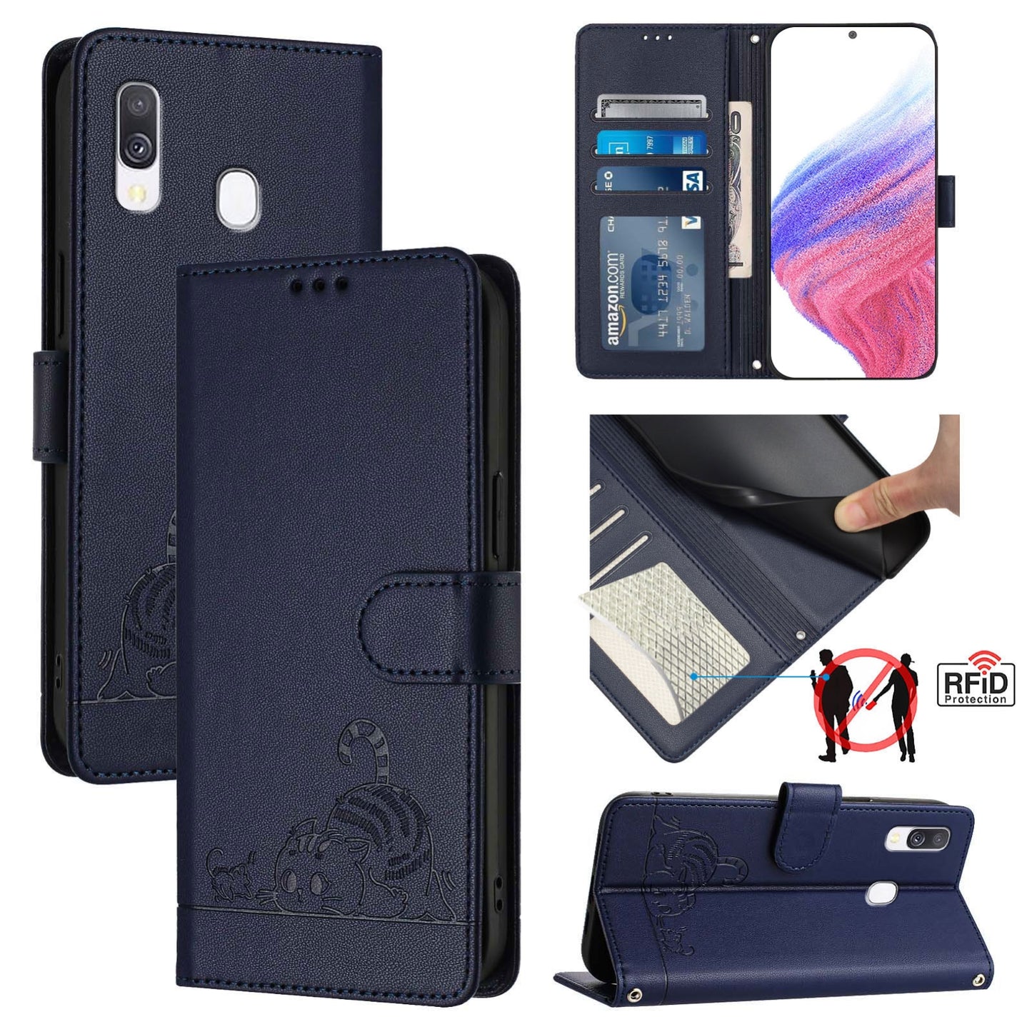 Samsung Galaxy A40 Cat and Rat Embossed Pattern, RFID Leather Phone Case with Lanyard, Kickstand, and Wallet Features