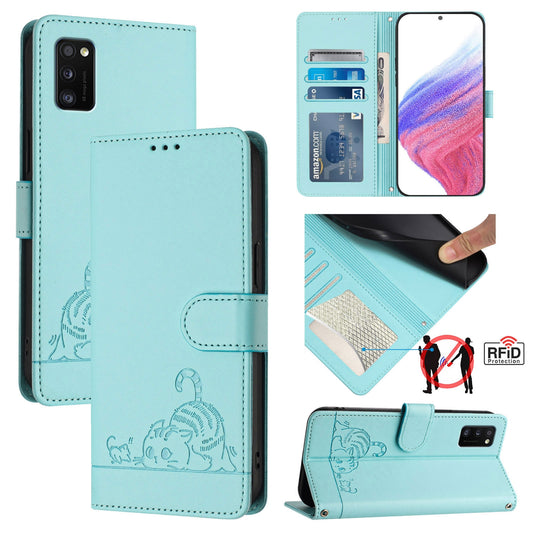 Samsung Galaxy A41 EU Version Cat and Rat Embossed Pattern, RFID Leather Phone Case with Lanyard, Kickstand, and Wallet Features