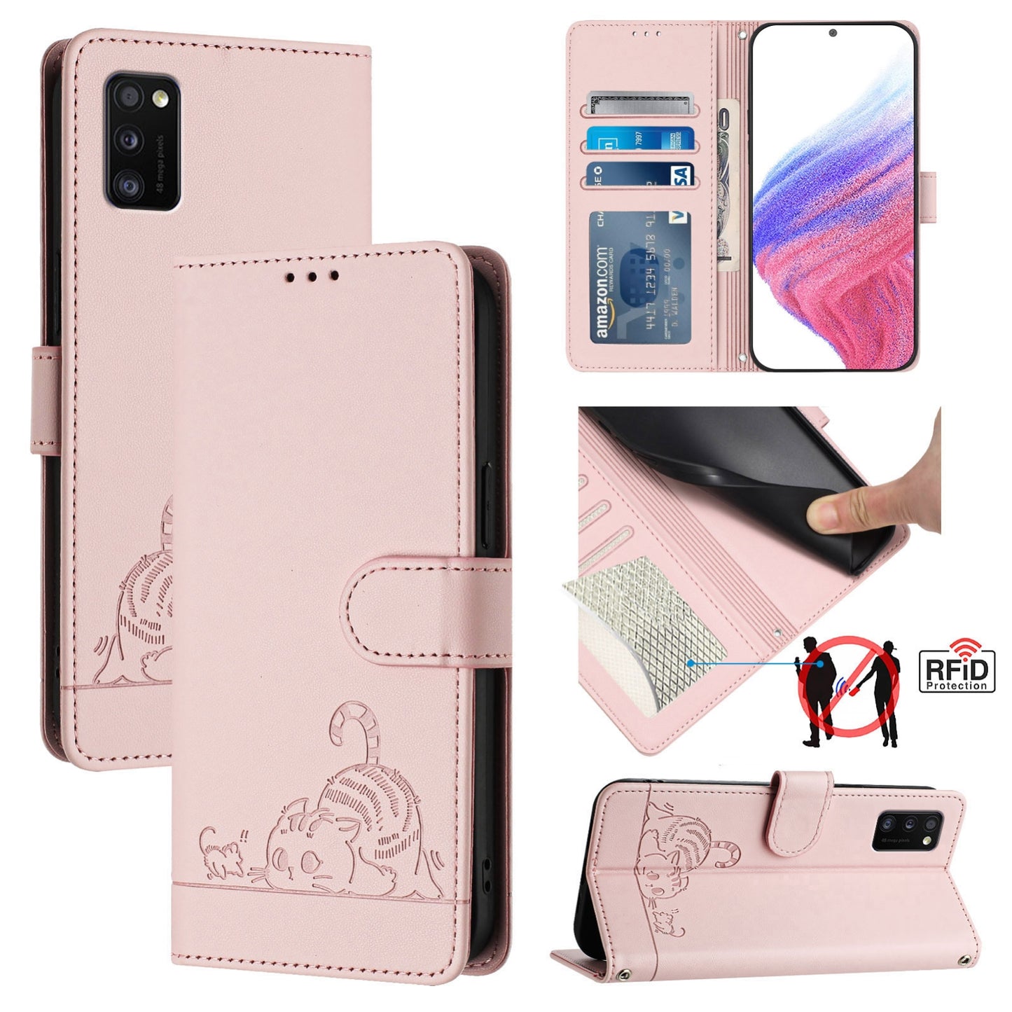 Samsung Galaxy A41 EU Version Cat and Rat Embossed Pattern, RFID Leather Phone Case with Lanyard, Kickstand, and Wallet Features