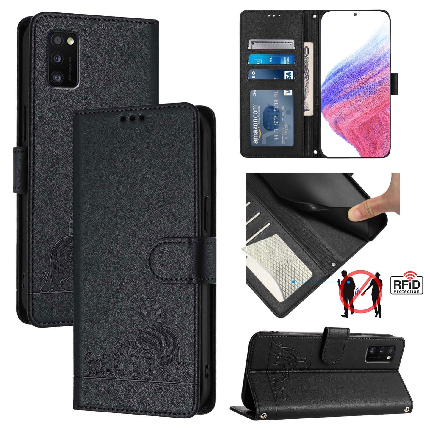 Samsung Galaxy A41 EU Version Cat and Rat Embossed Pattern, RFID Leather Phone Case with Lanyard, Kickstand, and Wallet Features