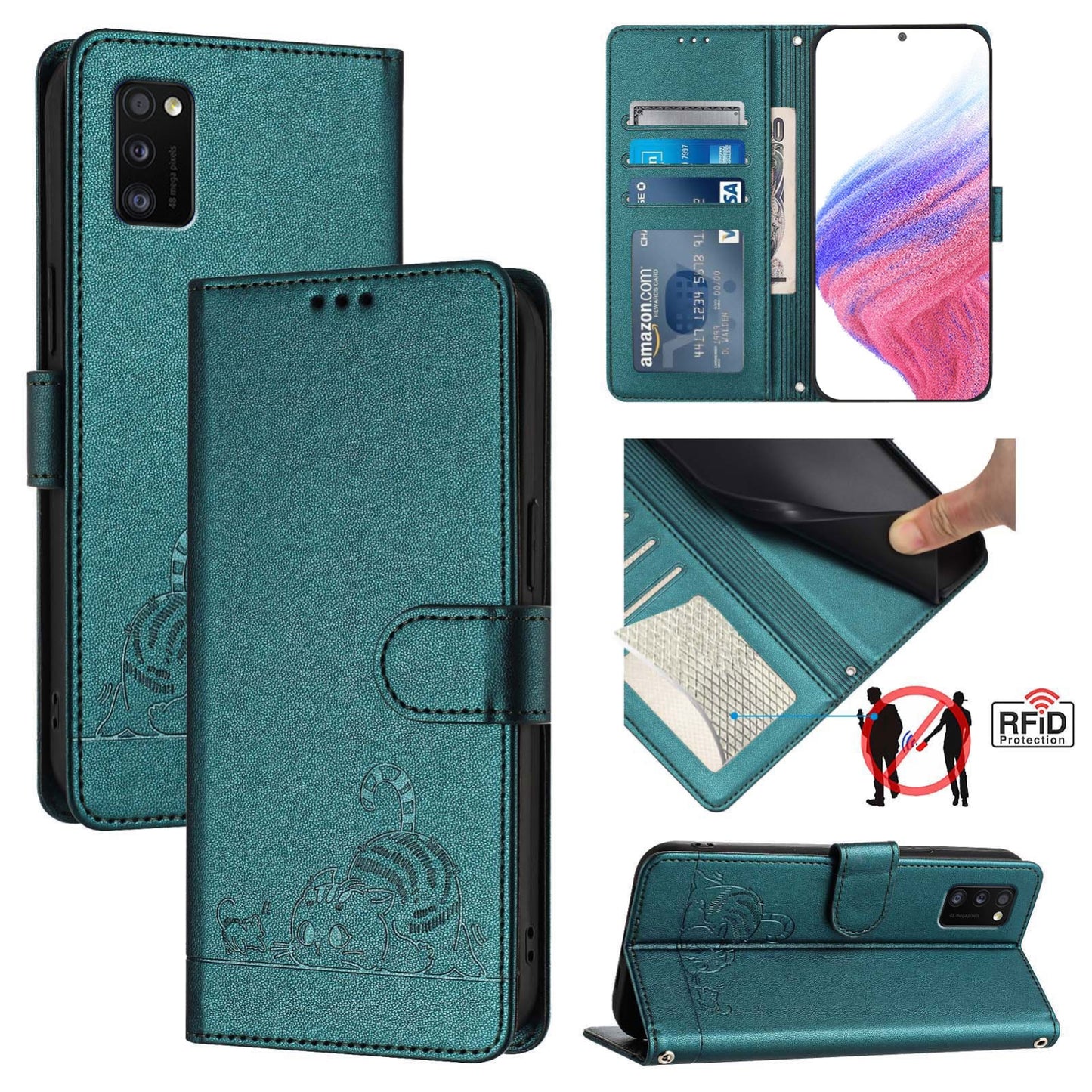 Samsung Galaxy A41 EU Version Cat and Rat Embossed Pattern, RFID Leather Phone Case with Lanyard, Kickstand, and Wallet Features