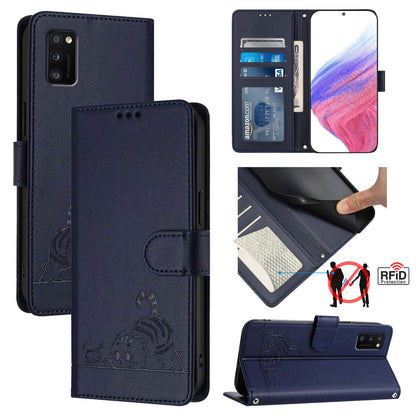 Samsung Galaxy A41 EU Version Cat and Rat Embossed Pattern, RFID Leather Phone Case with Lanyard, Kickstand, and Wallet Features