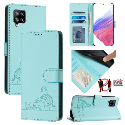 Samsung Galaxy A42 5G Cat and Rat Embossed Pattern, RFID Leather Phone Case with Lanyard, Kickstand, and Wallet Features