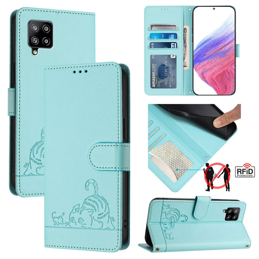 Samsung Galaxy A42 5G Cat and Rat Embossed Pattern, RFID Leather Phone Case with Lanyard, Kickstand, and Wallet Features