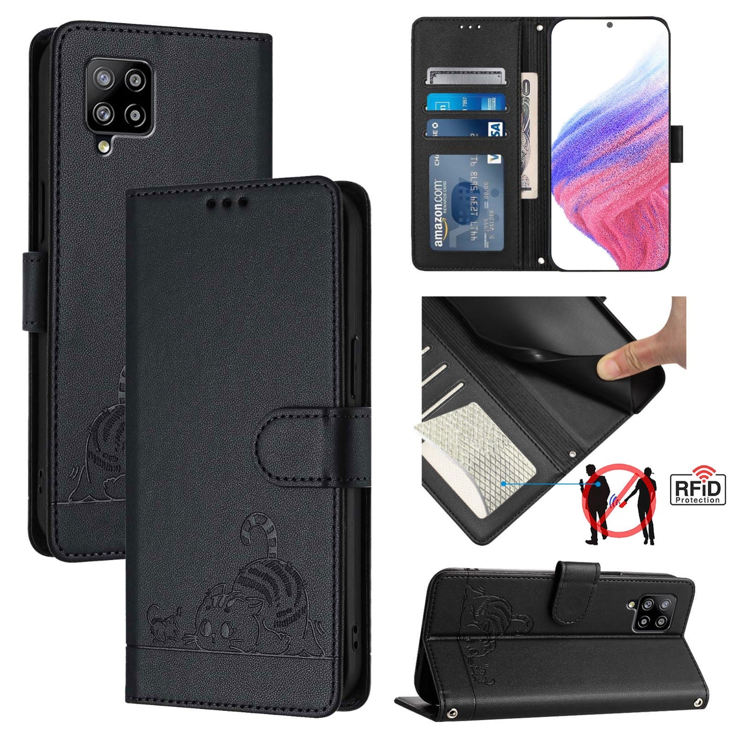 Samsung Galaxy M42 Cat and Rat Embossed Pattern, RFID Leather Phone Case with Lanyard, Kickstand, and Wallet Features