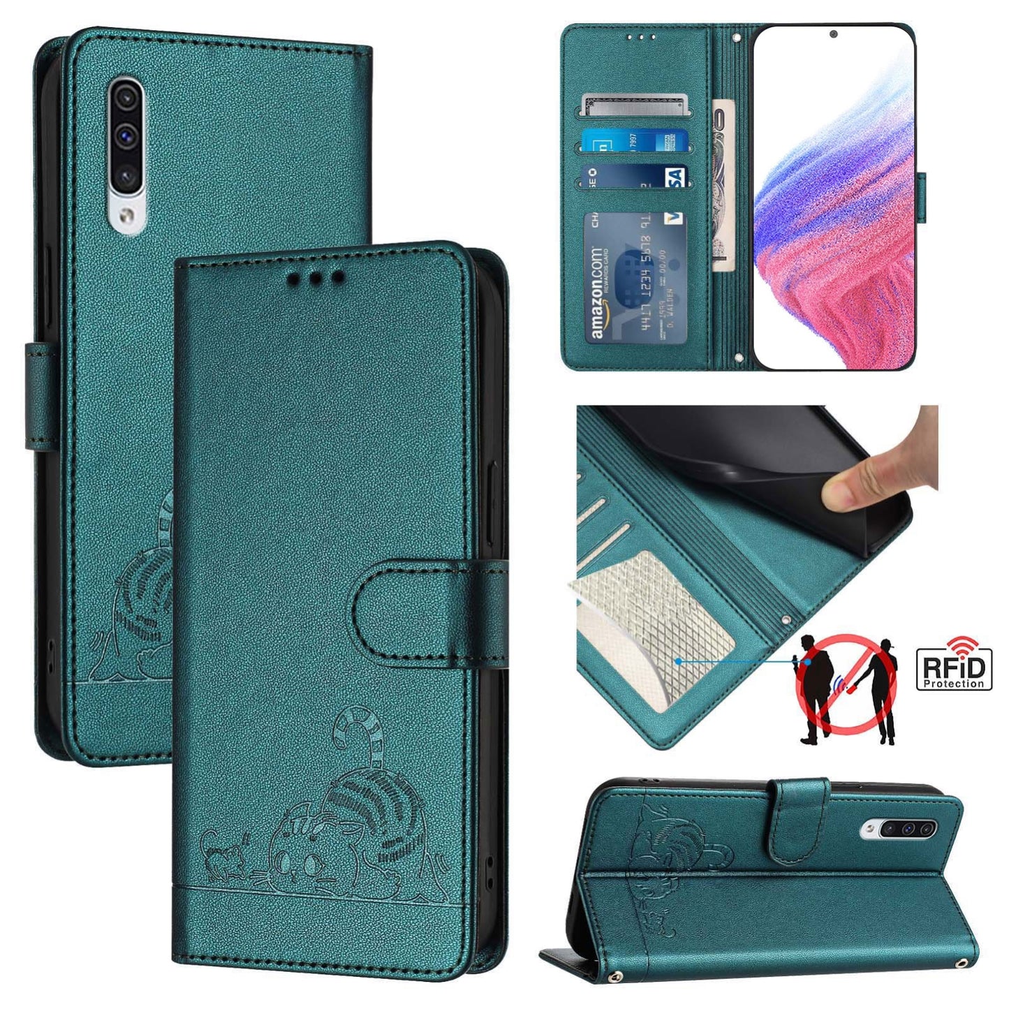 Samsung Galaxy A50 Cat and Rat Embossed Pattern, RFID Leather Phone Case with Lanyard, Kickstand, and Wallet Features