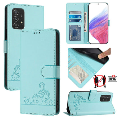 Samsung Galaxy A52 4G Cat and Rat Embossed Pattern, RFID Leather Phone Case with Lanyard, Kickstand, and Wallet Features