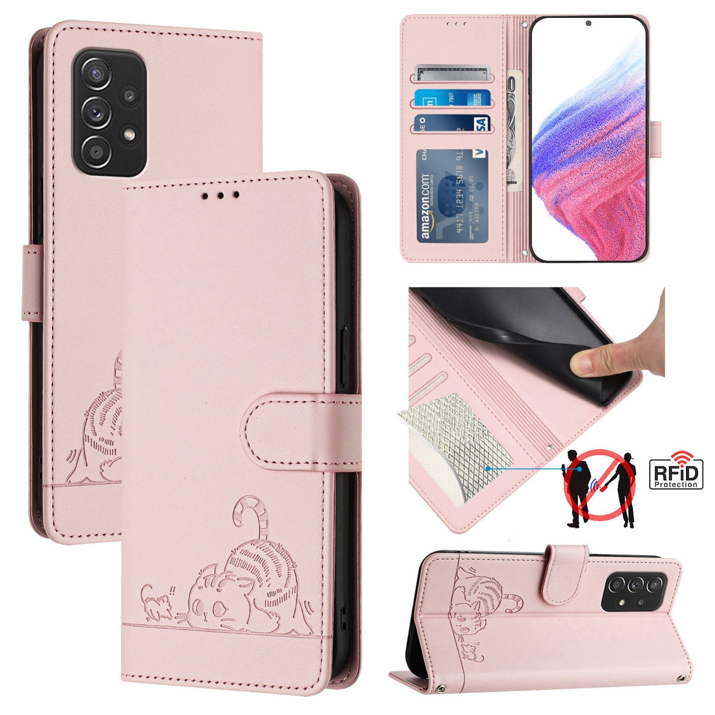 Samsung Galaxy A52 4G Cat and Rat Embossed Pattern, RFID Leather Phone Case with Lanyard, Kickstand, and Wallet Features