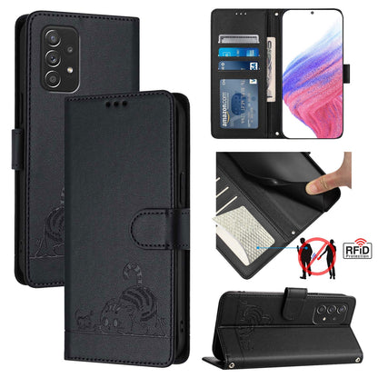 Samsung Galaxy A52 4G Cat and Rat Embossed Pattern, RFID Leather Phone Case with Lanyard, Kickstand, and Wallet Features