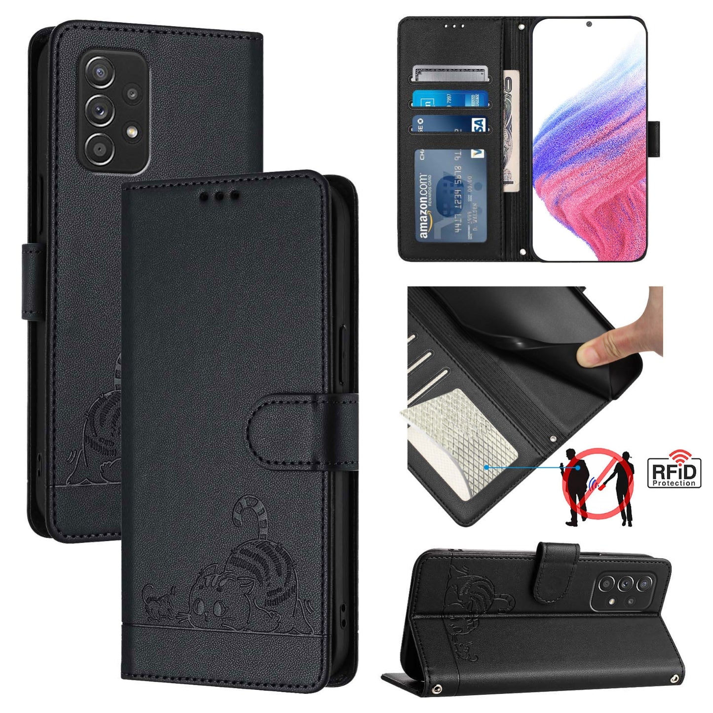 Samsung Galaxy A52s 5G Cat and Rat Embossed Pattern, RFID Leather Phone Case with Lanyard, Kickstand, and Wallet Features