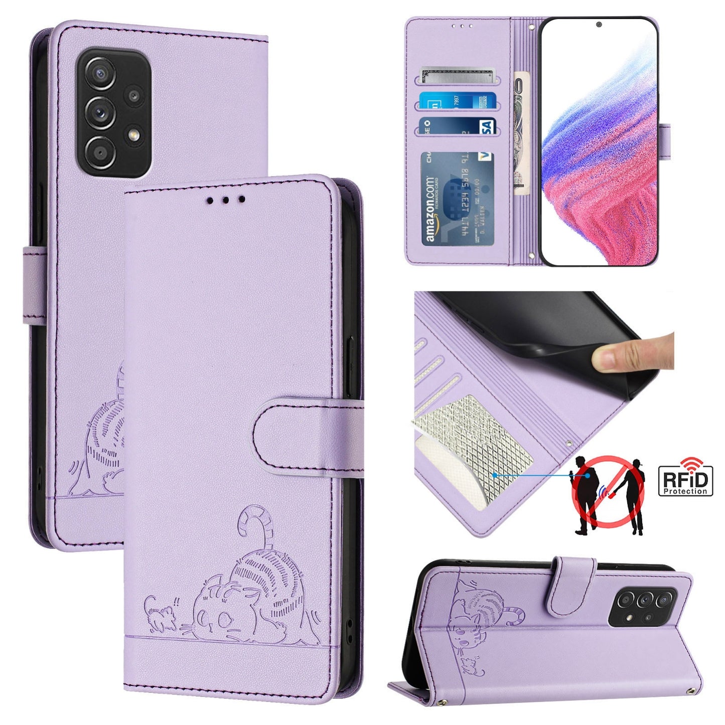 Samsung Galaxy A52 4G Cat and Rat Embossed Pattern, RFID Leather Phone Case with Lanyard, Kickstand, and Wallet Features