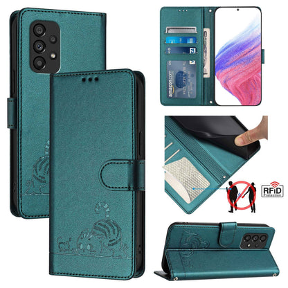 Samsung Galaxy A53 5G Cat and Rat Embossed Pattern, RFID Leather Phone Case with Lanyard, Kickstand, and Wallet Features