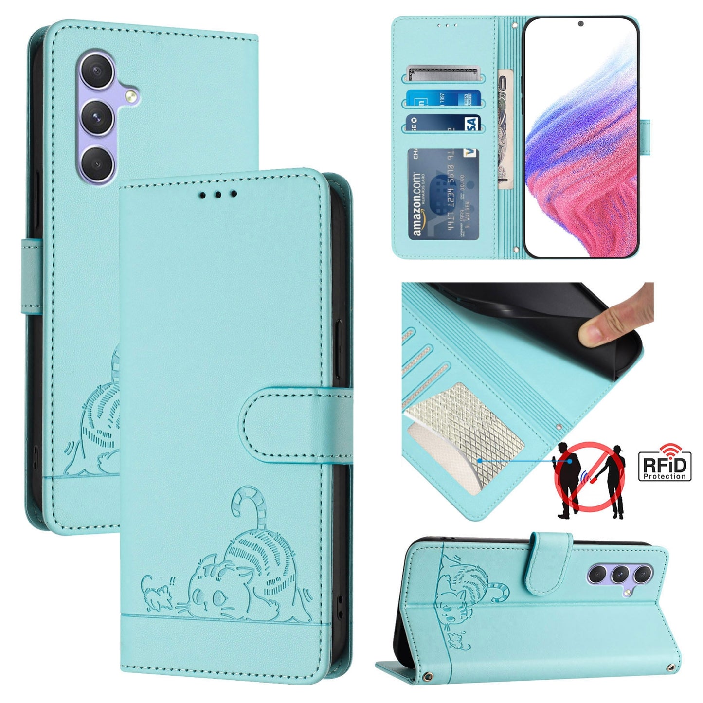 Samsung Galaxy A54 5G Cat and Rat Embossed Pattern, RFID Leather Phone Case with Lanyard, Kickstand, and Wallet Features