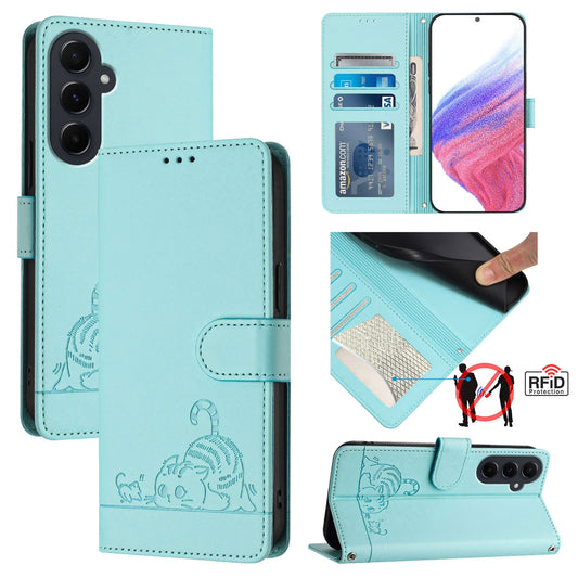 Samsung Galaxy A55 5G Cat and Rat Embossed Pattern, RFID Leather Phone Case with Lanyard, Kickstand, and Wallet Features