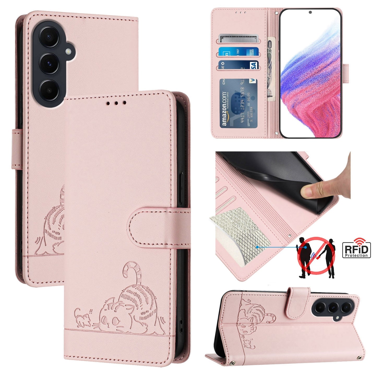 Samsung Galaxy A55 5G Cat and Rat Embossed Pattern, RFID Leather Phone Case with Lanyard, Kickstand, and Wallet Features