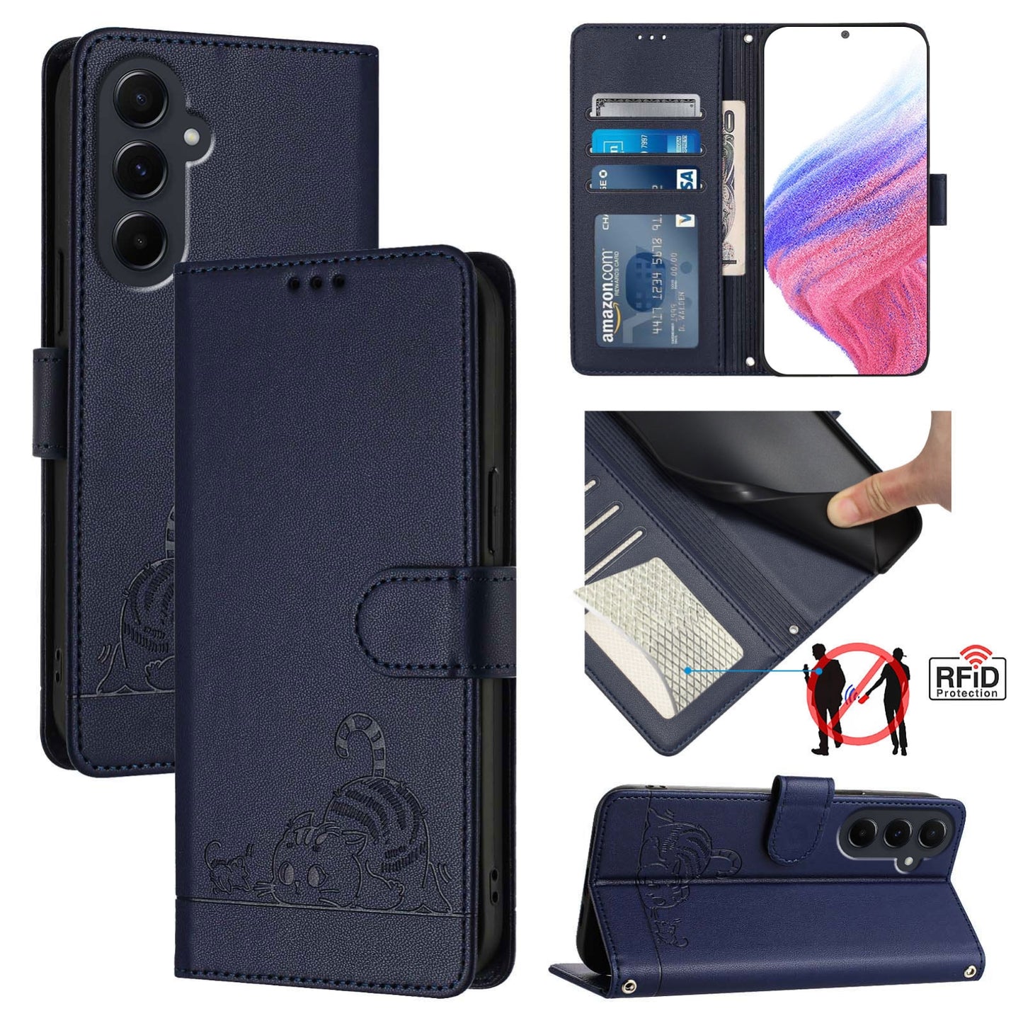 Samsung Galaxy A55 5G Cat and Rat Embossed Pattern, RFID Leather Phone Case with Lanyard, Kickstand, and Wallet Features