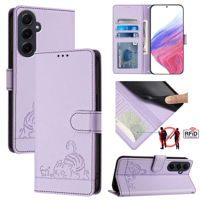 Samsung Galaxy A55 5G Cat and Rat Embossed Pattern, RFID Leather Phone Case with Lanyard, Kickstand, and Wallet Features