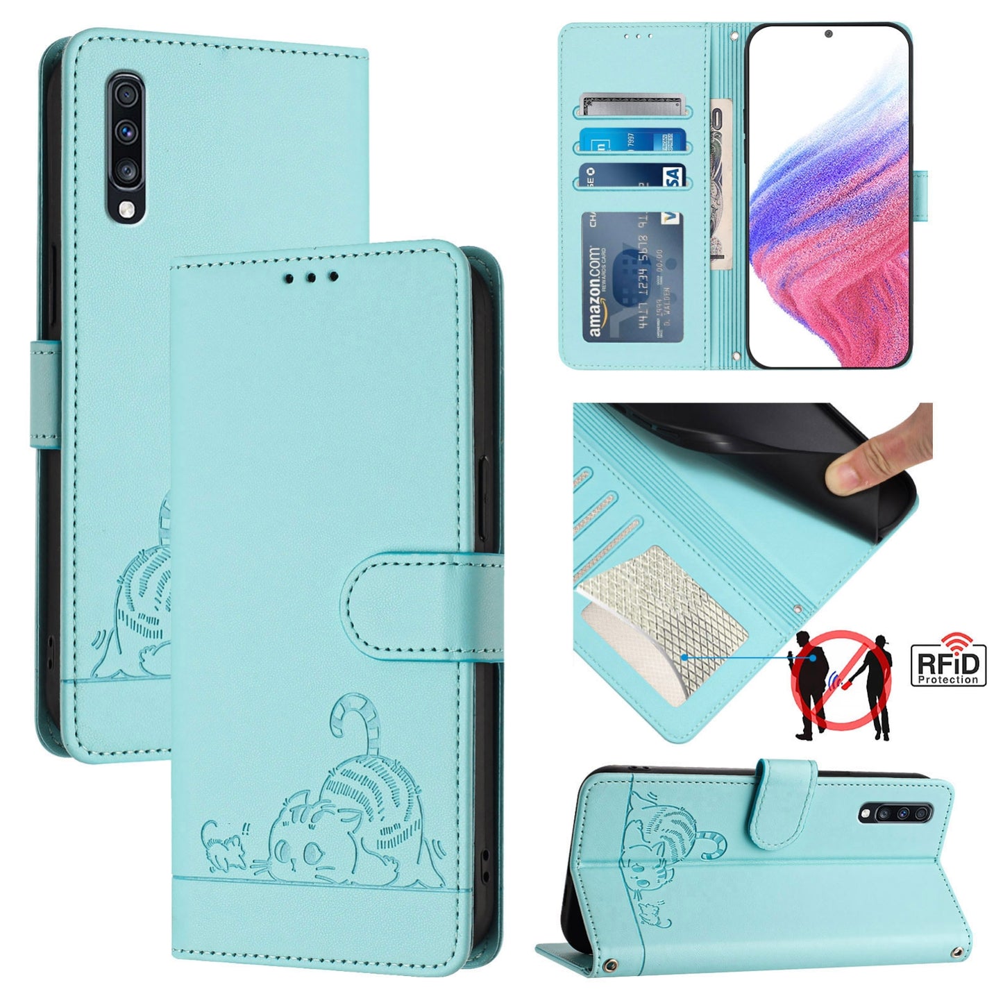 Samsung Galaxy A70 Cat and Rat Embossed Pattern, RFID Leather Phone Case with Lanyard, Kickstand, and Wallet Features