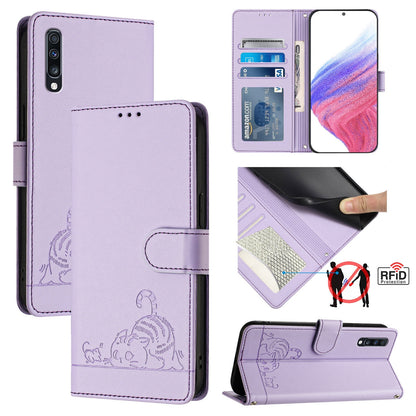 Samsung Galaxy A70 Cat and Rat Embossed Pattern, RFID Leather Phone Case with Lanyard, Kickstand, and Wallet Features