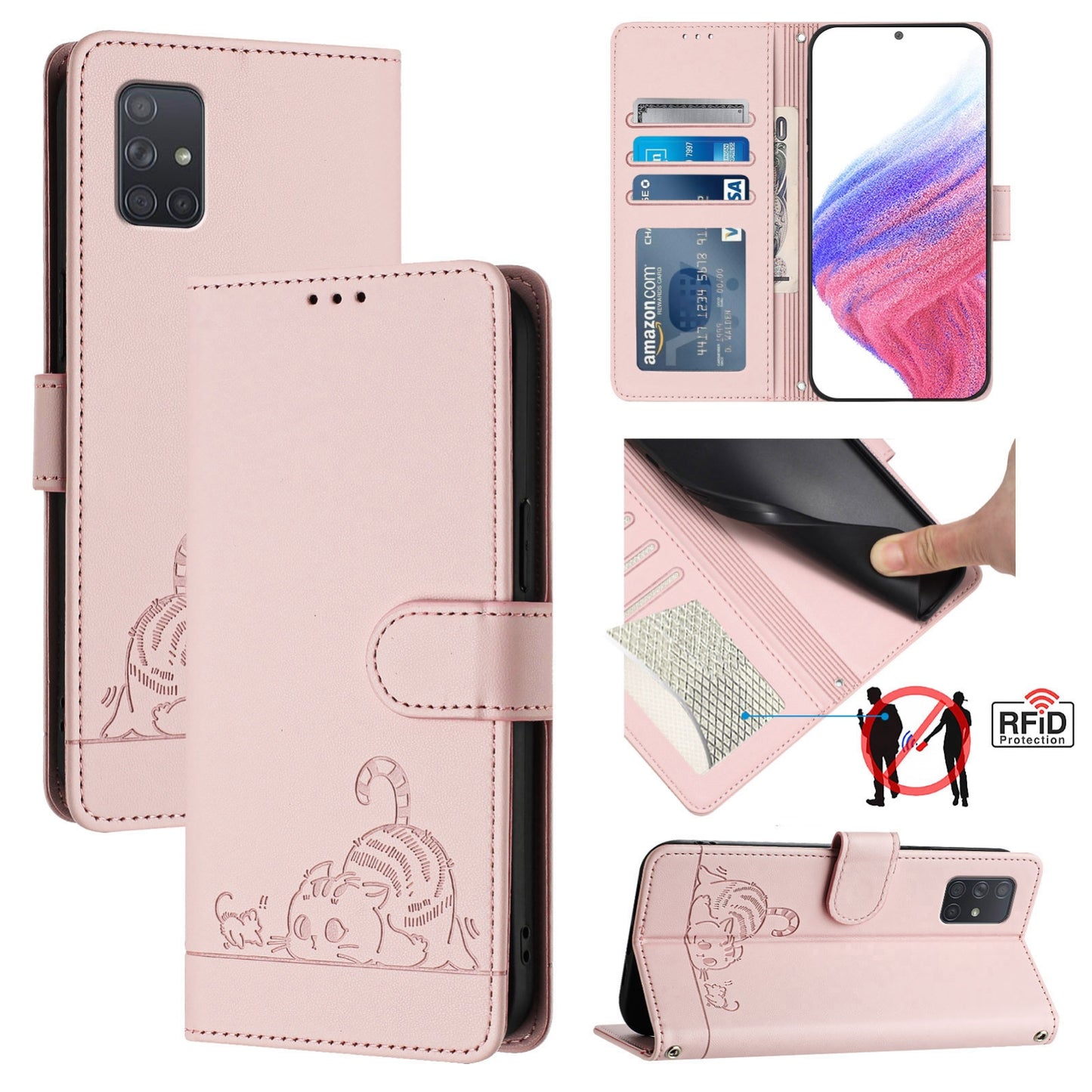 Samsung Galaxy A71 4G Cat and Rat Embossed Pattern, RFID Leather Phone Case with Lanyard, Kickstand, and Wallet Features