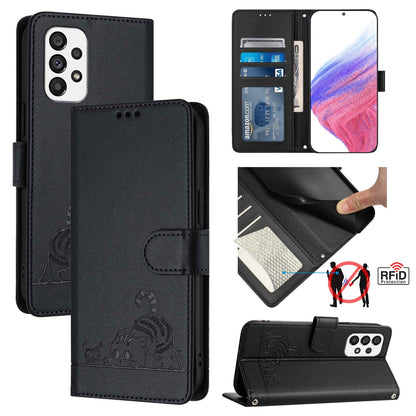 Samsung Galaxy A73 5G Cat and Rat Embossed Pattern, RFID Leather Phone Case with Lanyard, Kickstand, and Wallet Features