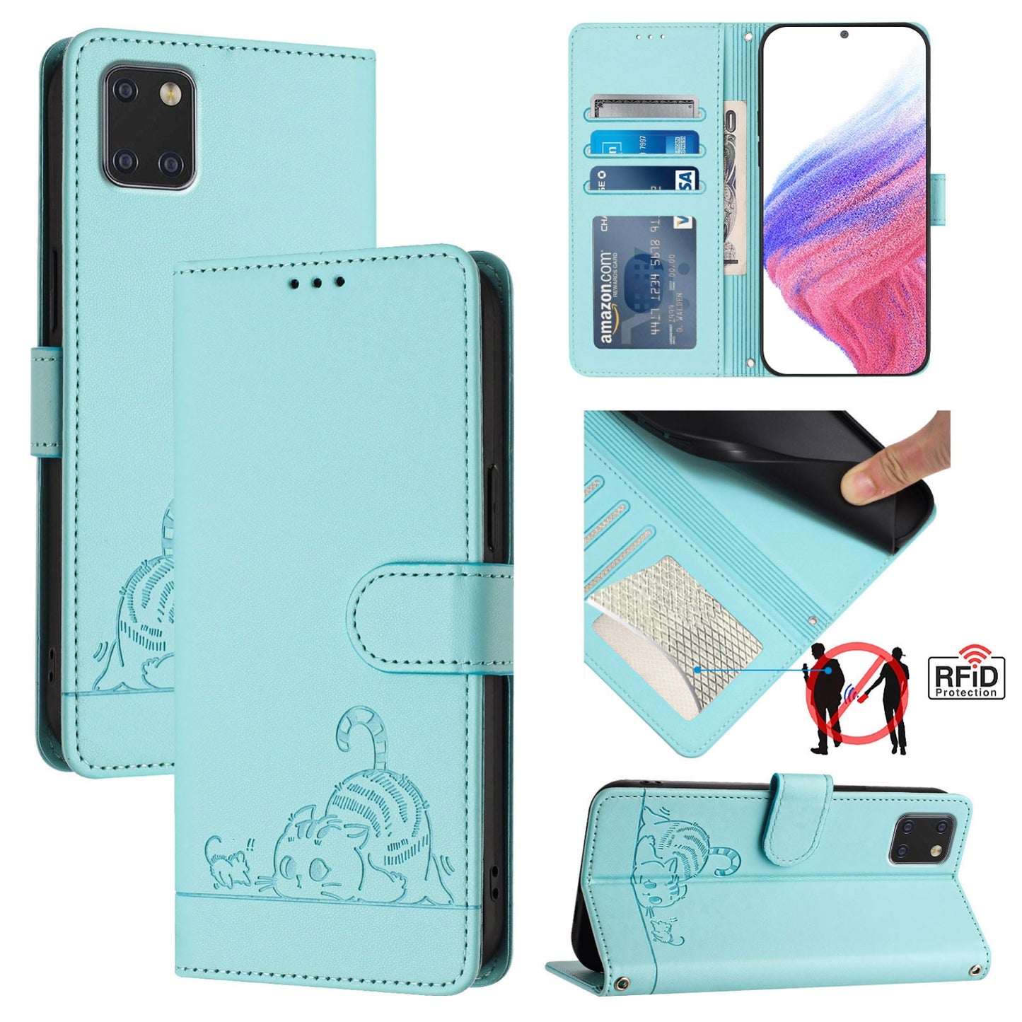 Samsung Galaxy A81 Cat and Rat Embossed Pattern, RFID Leather Phone Case with Lanyard, Kickstand, and Wallet Features