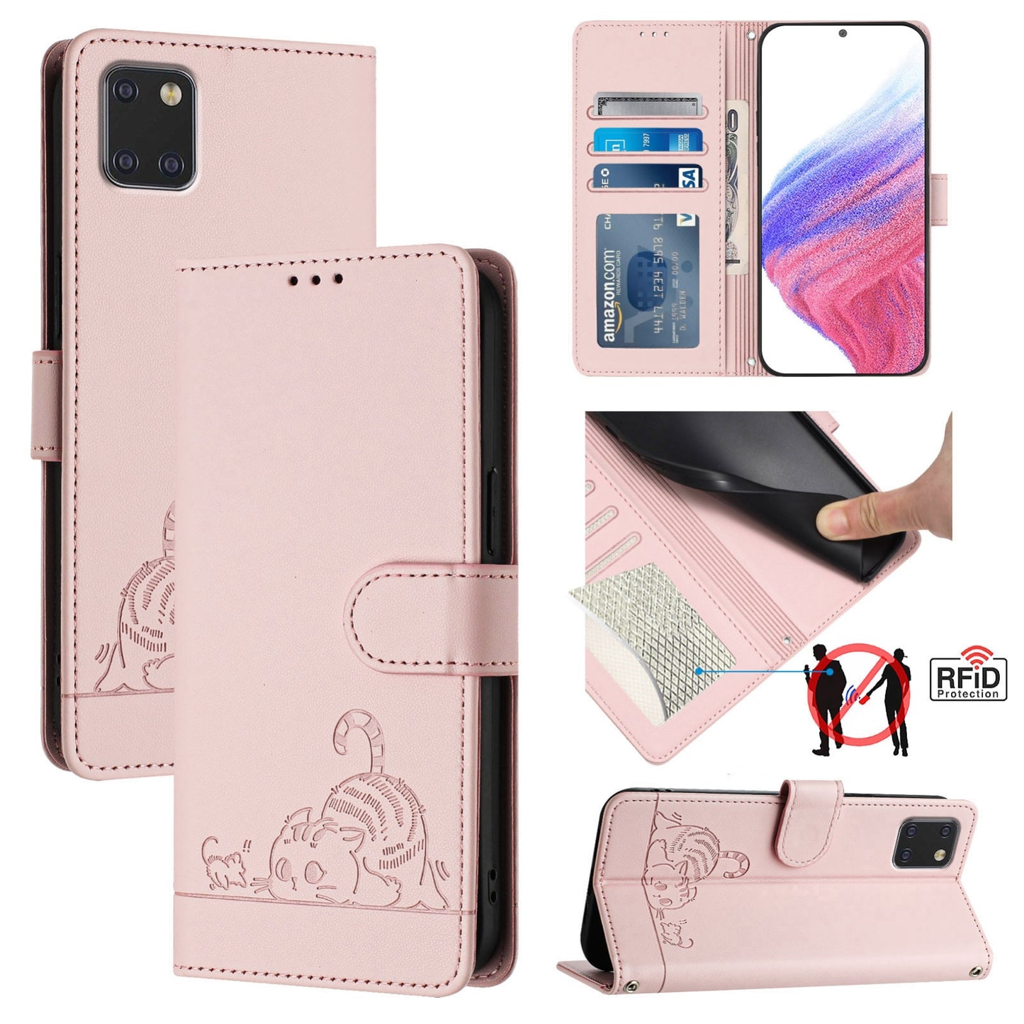 Samsung Galaxy A81 Cat and Rat Embossed Pattern, RFID Leather Phone Case with Lanyard, Kickstand, and Wallet Features