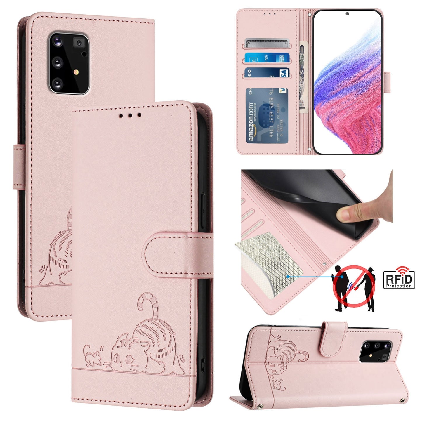 Samsung Galaxy A91 Cat and Rat Embossed Pattern, RFID Leather Phone Case with Lanyard, Kickstand, and Wallet Features