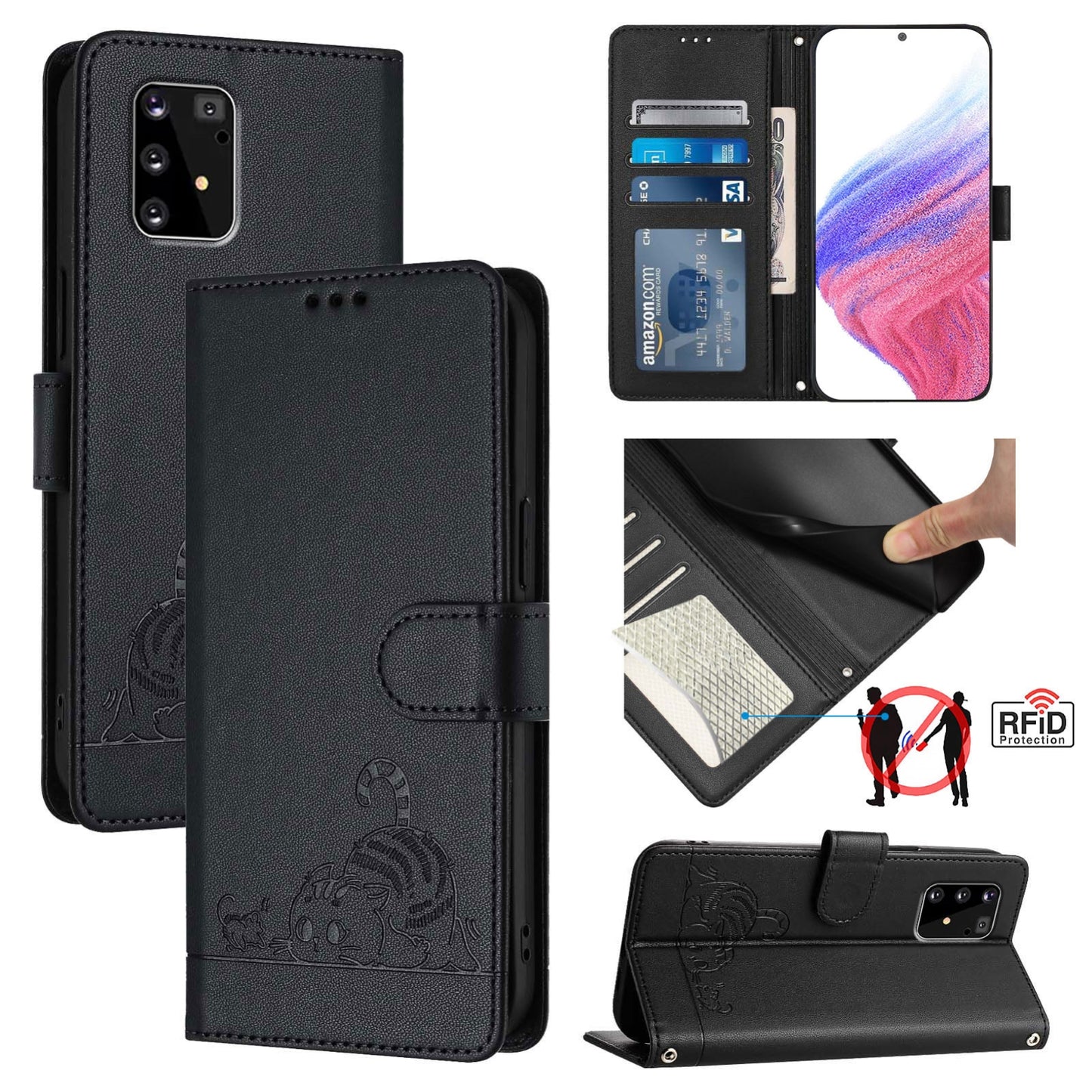 Samsung Galaxy A91 Cat and Rat Embossed Pattern, RFID Leather Phone Case with Lanyard, Kickstand, and Wallet Features