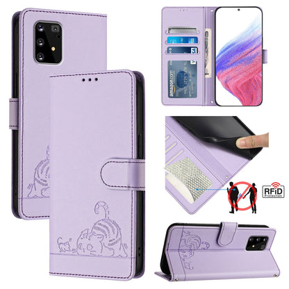 Samsung Galaxy A91 Cat and Rat Embossed Pattern, RFID Leather Phone Case with Lanyard, Kickstand, and Wallet Features