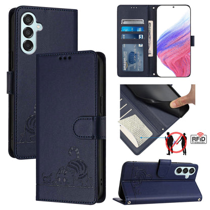 Samsung Galaxy M15 5G Global Cat and Rat Embossed Pattern, RFID Leather Phone Case with Lanyard, Kickstand, and Wallet Features