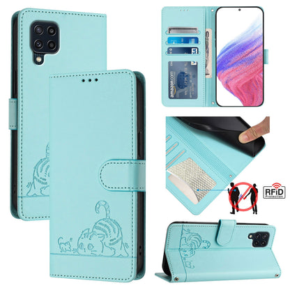 Samsung Galaxy M32 4G Global Cat and Rat Embossed Pattern, RFID Leather Phone Case with Lanyard, Kickstand, and Wallet Features